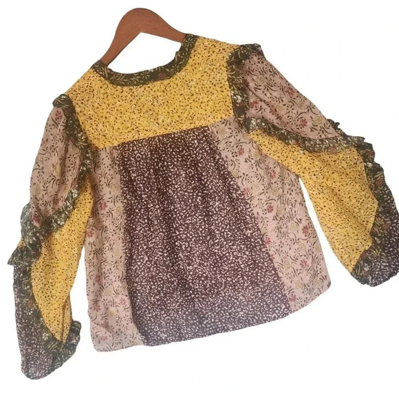 Ulla Johnson Norma Blouse Women's Multicolor Sheer Floral Patchwork Ruffle Boho - Picture 11 of 11